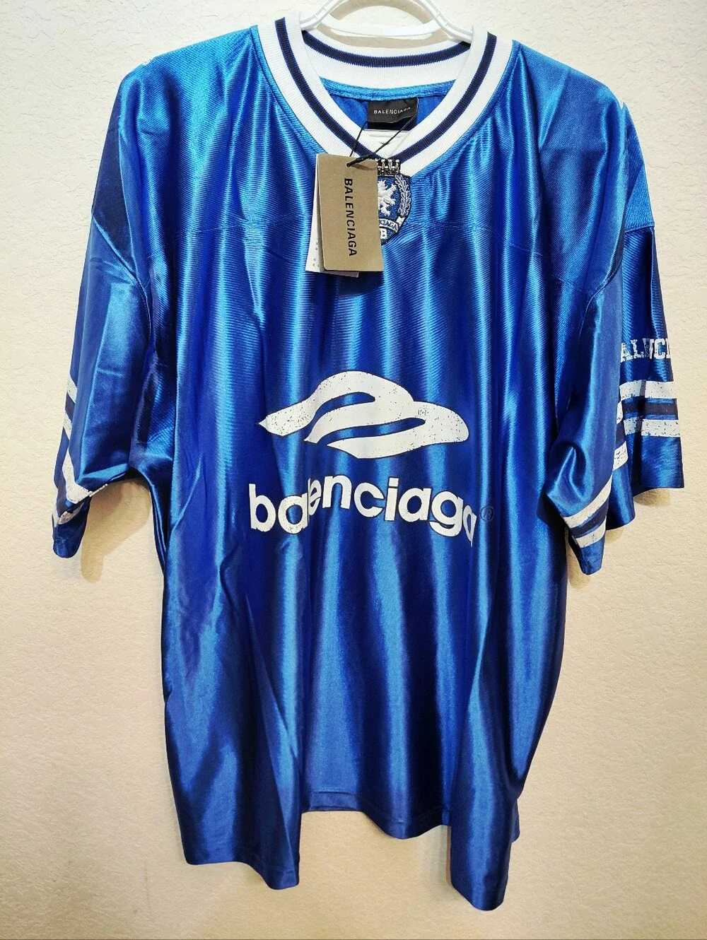 Authentic Balenciaga 3B Blue Logo Athletic Shiny Jersey with White Trim Large - Picture 1 of 10